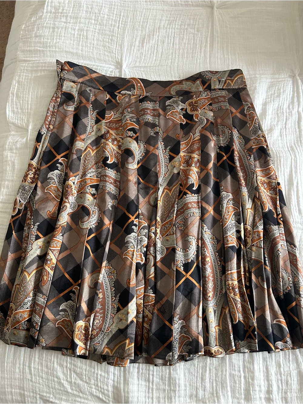 Les Copains Paisley & Argyle Pleated Skirt in Brown, Black and Cream